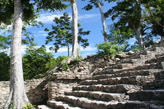 Steps leading up to the 24m high Templo de las Iglesias pyramid