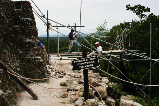 Restoration work on top of the 65 metres high Temple IV